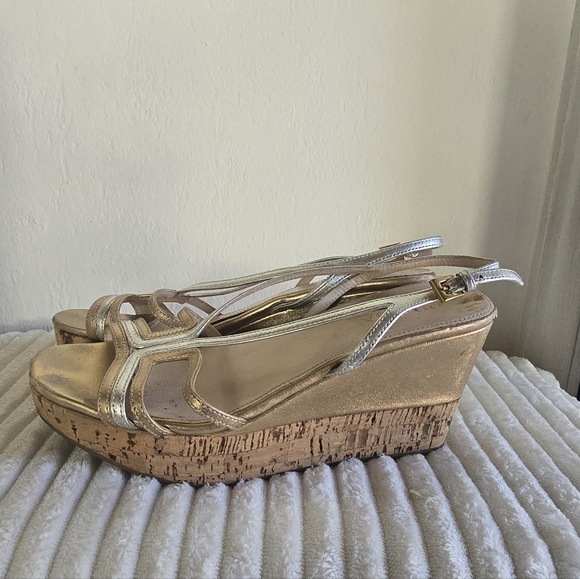 Prada Slingback Open Toe Elegant Silver and Gold Wedge Sandals Size 6 - Picture 1 of 7